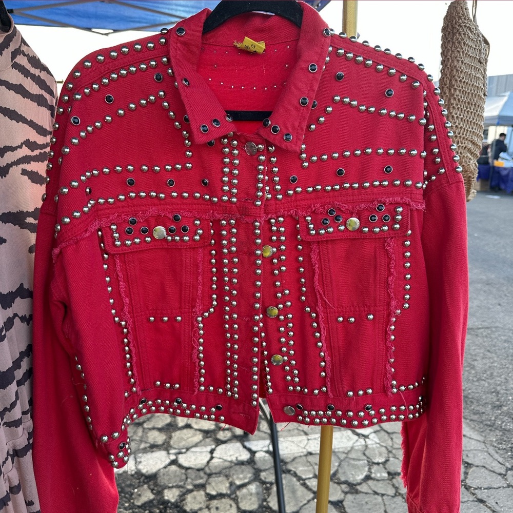 Red denim studded jacket